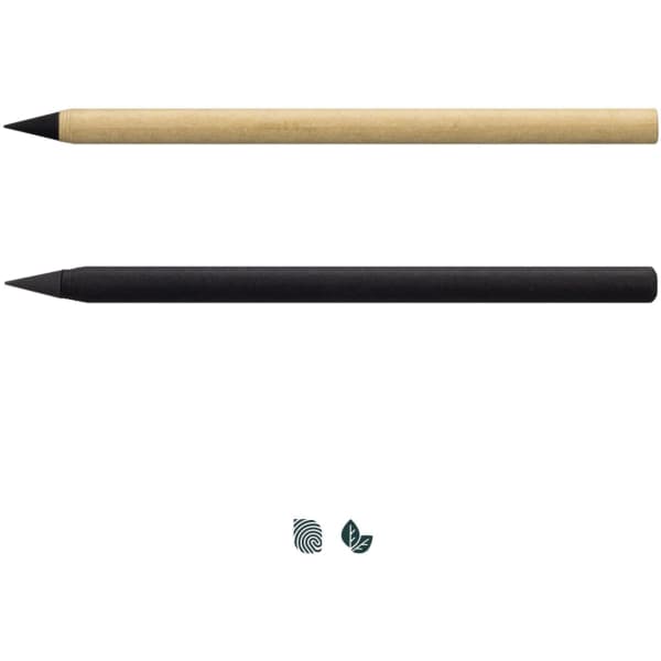 Two pens are displayed, one is a kraft colour and the other is black, both with a sleek design. Each pen has a pointed tip.