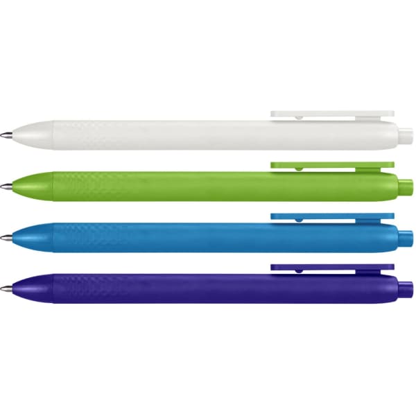 Four plastic pens in white, green, blue, and purple, featuring a textured grip and a clip. The pens have a branding logo.