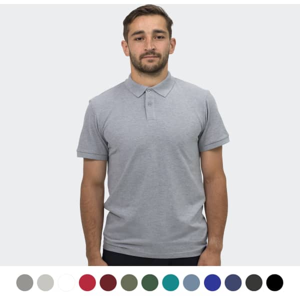 A grey men's polo shirt with a collar, featuring a branding logo and available in multiple colours below.