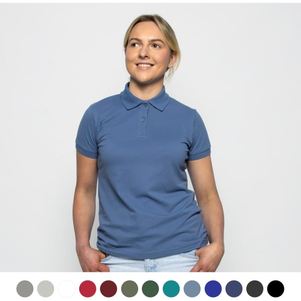 A woman stands wearing a blue polo shirt with a collared neckline, featuring a logo and various colour options below.