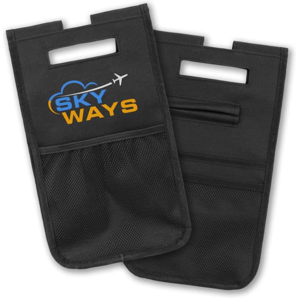 A black Trolley Bag Caddy featuring pockets and a logo, designed for organisation and convenience.