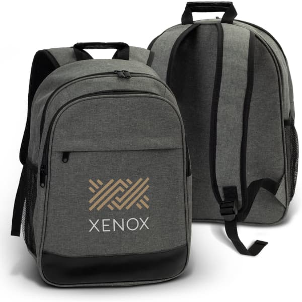 A grey backpack with a textured finish, featuring a logo on the front and adjustable shoulder straps.