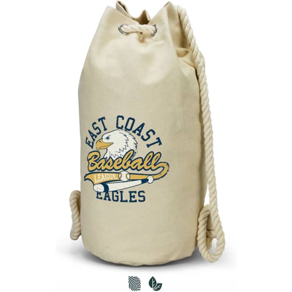 A beige canvas barrel bag with a drawstring closure and an attached rope handle, featuring a logo.