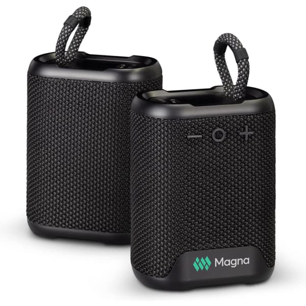 A pair of small black outdoor Bluetooth speakers with a textured surface and integrated carry loops.