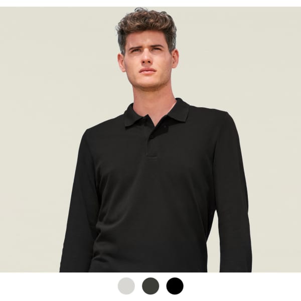 A long sleeve polo shirt in black, featuring a collar and a logo. Available in multiple colours.