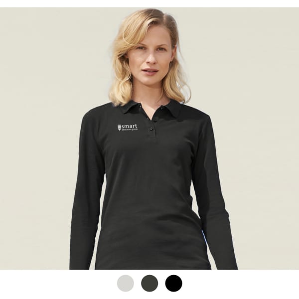 A black long sleeve polo shirt featuring a logo, modelled by a woman. Available in additional colours: grey and white.