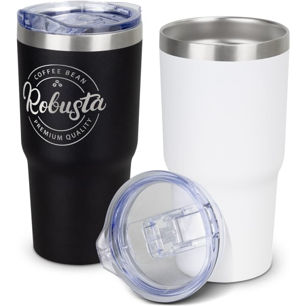 A drink bottle set featuring a black and a white vacuum tumbler with stainless steel accents and lids.