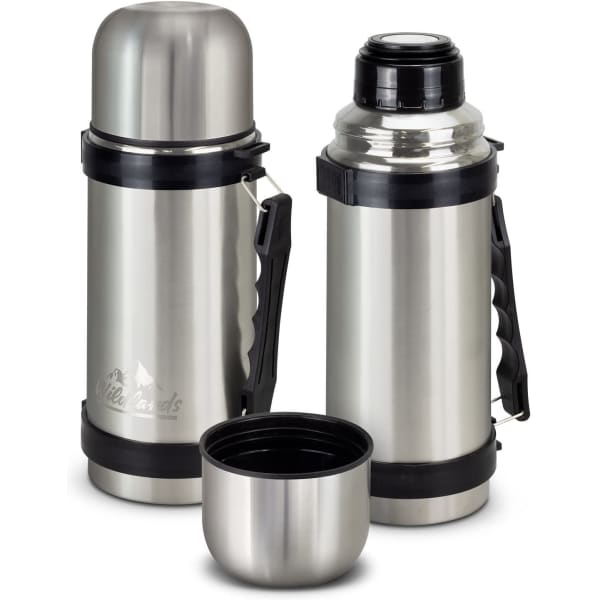 A drink bottle set with a shiny stainless steel finish, featuring a vacuum flask and a cup, with a black handle.