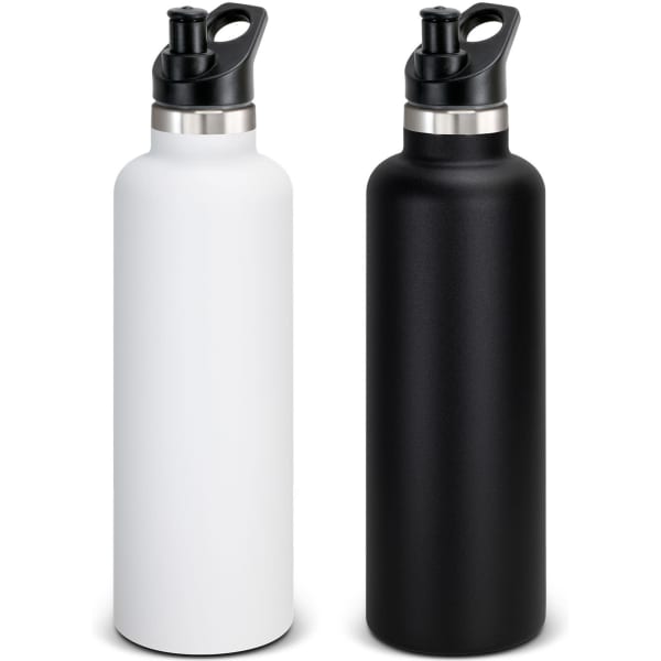 A drink bottle in matte black and white, featuring a cap with a spout and a stainless steel accent.