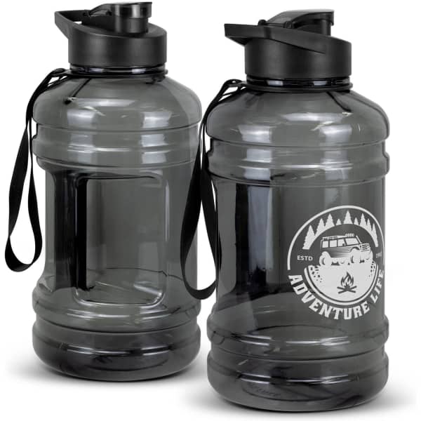 A drink bottle in a smoky grey colour with a black lid and strap, featuring a logo design.