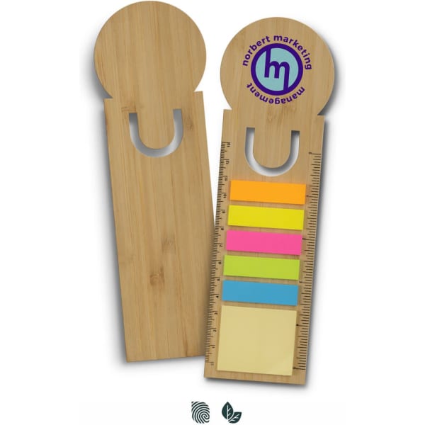A bamboo ruler bookmark featuring a round top and six sticky note pads in various bright colours. It also includes a logo.