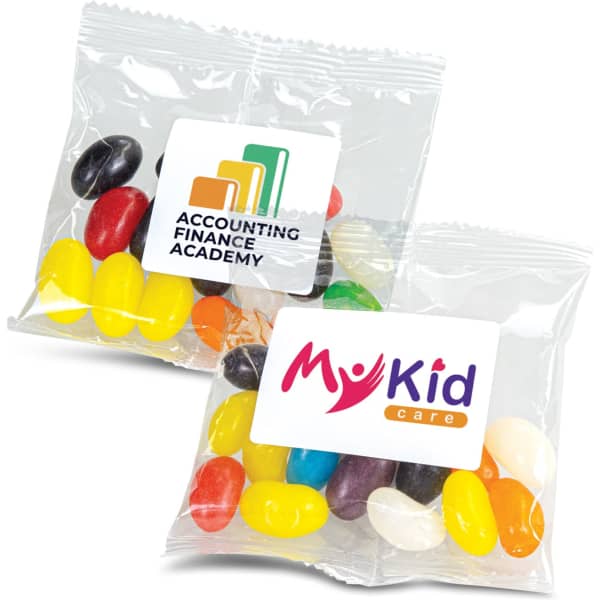 Two clear bags of assorted jelly beans in various colours, featuring branding on the packaging.