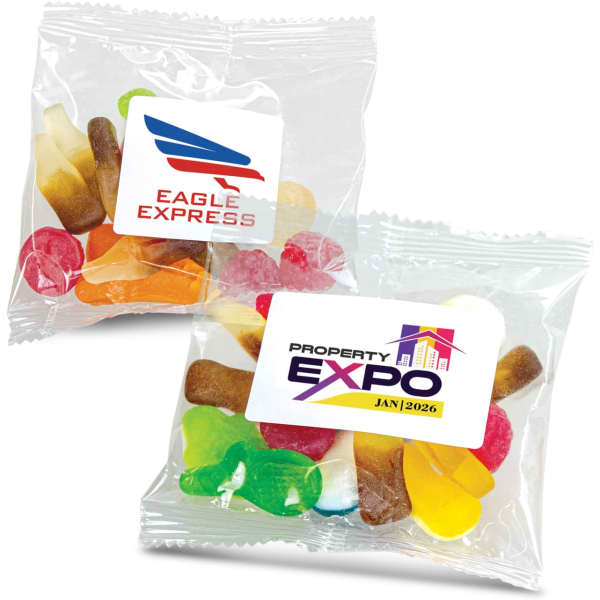 A clear plastic bag containing colourful gummy candies in various shapes and sizes, featuring a logo on the bag.