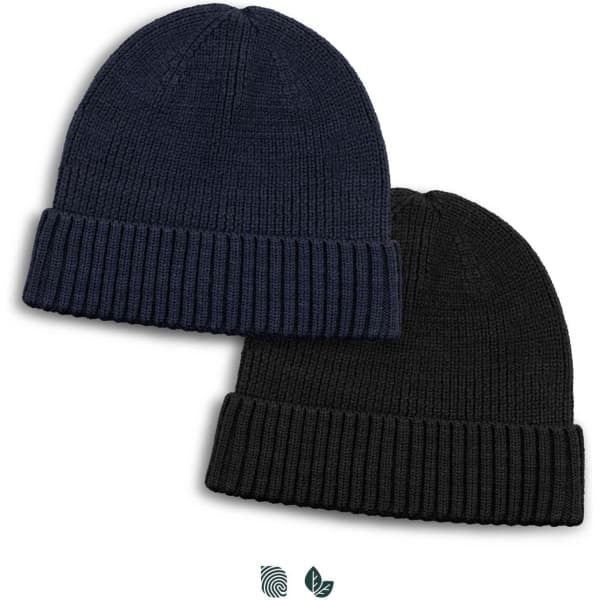 A Merino wool beanie set in navy and black, featuring a ribbed design and a logo on one beanie.