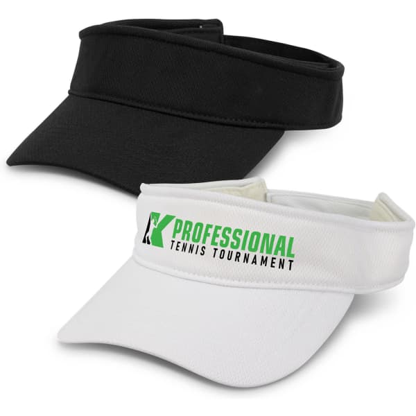 A black and a white sports mesh visor, both featuring a branding logo, displayed side by side.