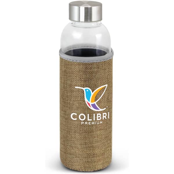 A drink bottle with a clear glass body and a natural fabric sleeve, featuring a logo on the sleeve.