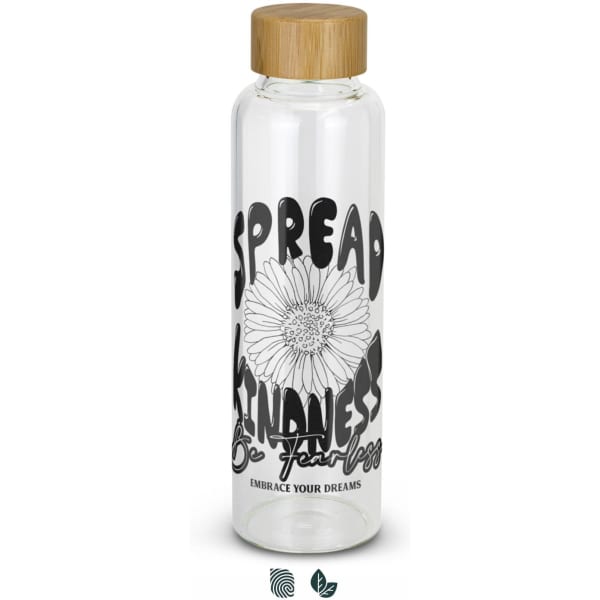 A drink bottle with a bamboo lid, featuring a clear glass body and a floral design in black and white.