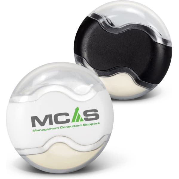 A pencil sharpener with an eraser, featuring a clear and black design, with a logo on one side.