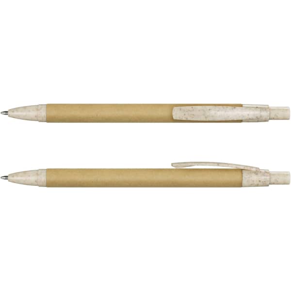 A kraft pen with a beige body and white detailed grip, featuring a clip and branding.