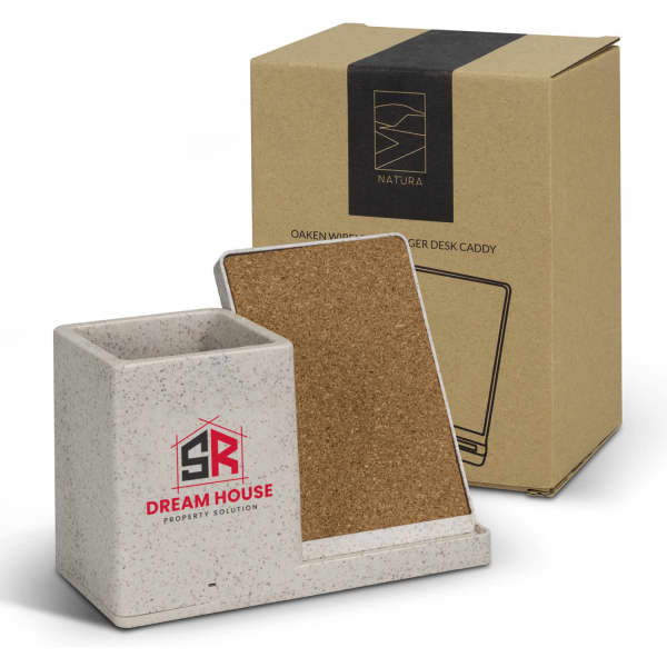 A grey desk caddy with a cork surface, featuring a logo, alongside a kraft box packaging.