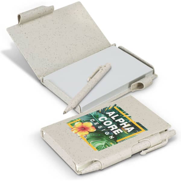 A natural-coloured notebook with a textured cover, featuring a pen and a logo on the front.