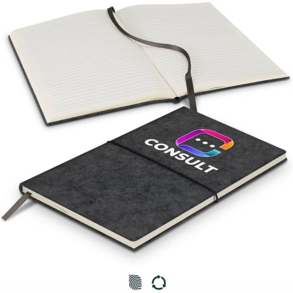 A black RPET felt soft cover notebook with a ribbon bookmark, featuring lined pages and a logo on the front.