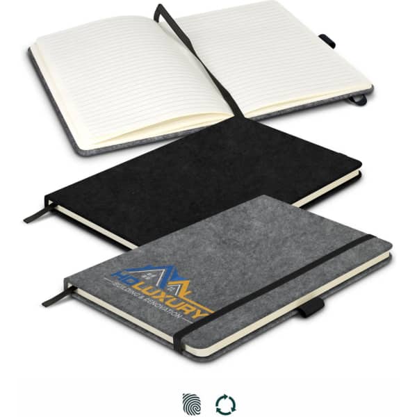 A grey RPET felt hard cover notebook with an elastic band, featuring blank pages and an embossed logo.