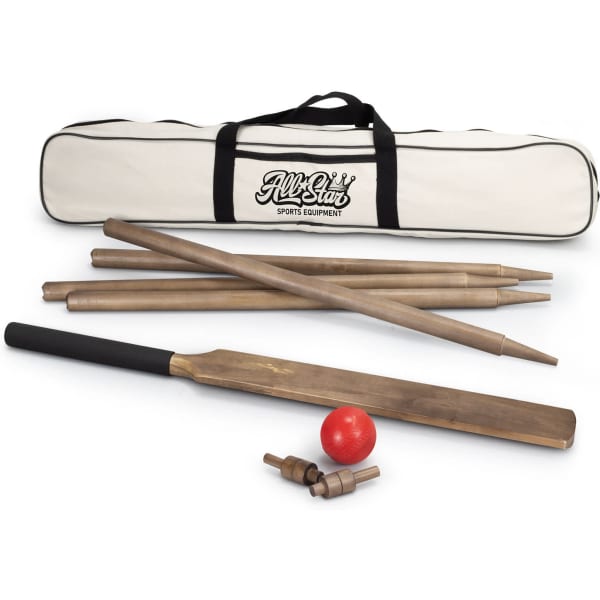 A cricket set featuring brown wooden bat and stumps, a red ball, and a white carrying bag with a logo.