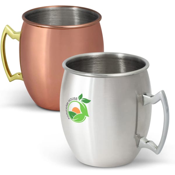 A drinkware set featuring a copper mug with a gold handle and a stainless steel mug with a handle and logo.
