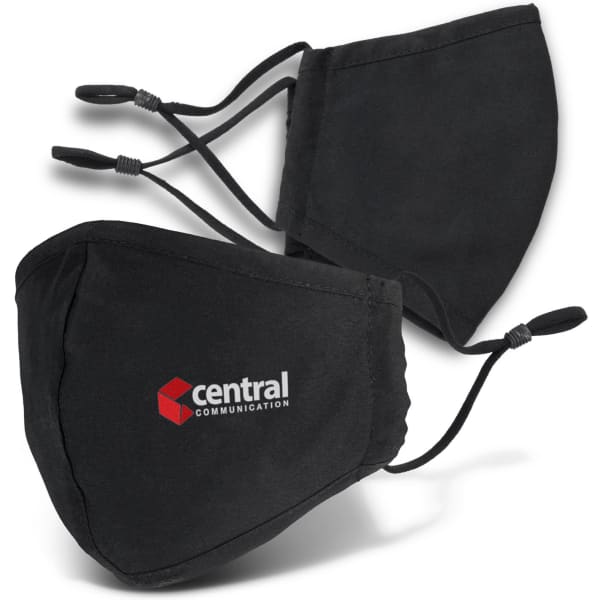 A set of black face masks featuring adjustable ear loops and a logo.