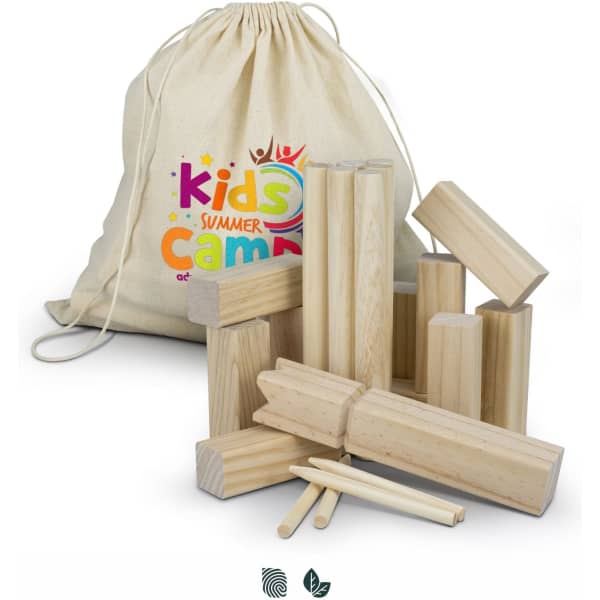 A set of wooden Kubb game pieces in a natural colour, accompanied by a drawstring bag featuring a logo.