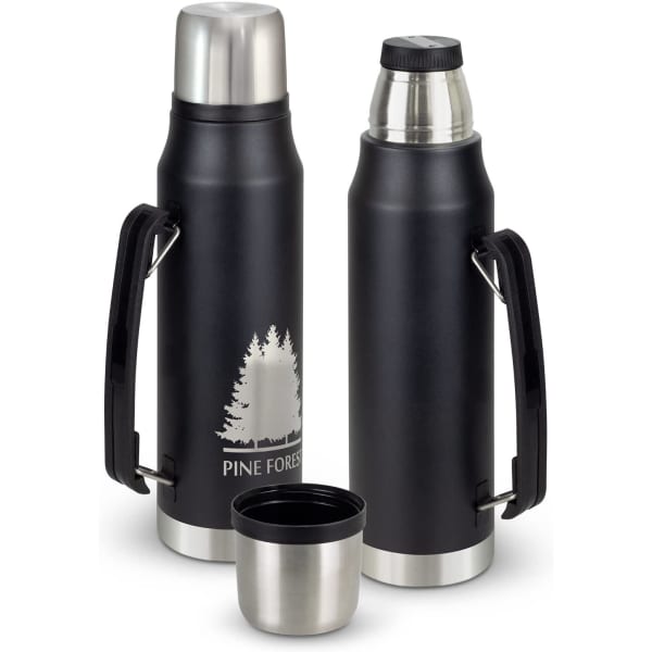 A drink bottle set featuring two black flasks with stainless steel lids and a matching cup, along with a logo.