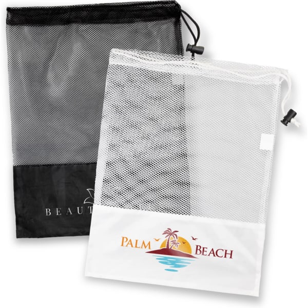 A mesh drawstring bag in black and white, featuring a logo on one side and a breathable mesh design.