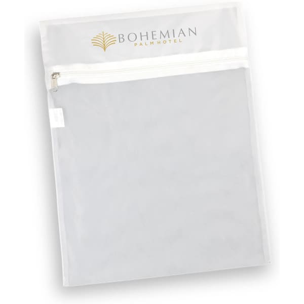 A mesh laundry bag in white with a zip top and a logo at the top.