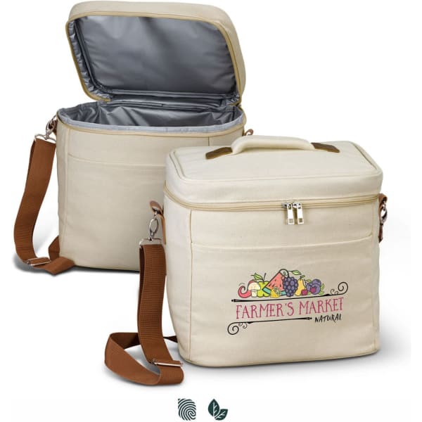 A cream cooler bag with a zip closure and a detachable shoulder strap. It features an interior lining and a logo.