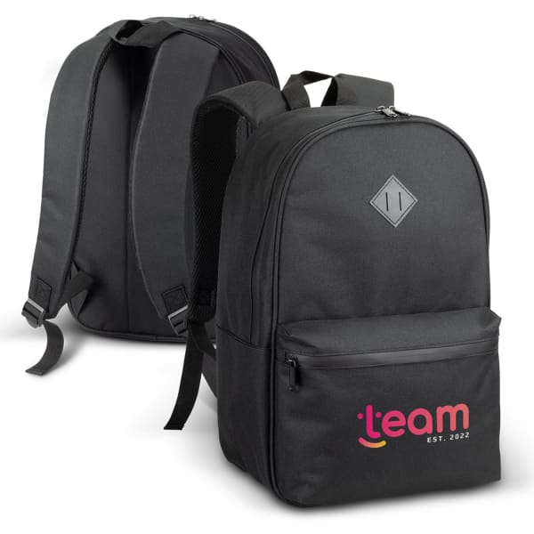 A black backpack featuring a front pocket and a logo, with padded straps and a sleek design.