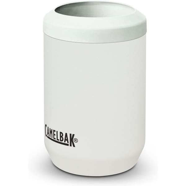 A drink bottle cooler in white with a rounded design and a logo on the side.