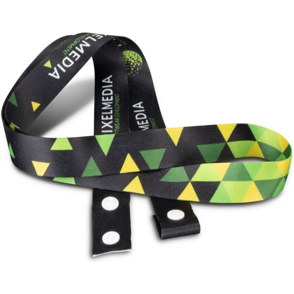 A lanyard featuring a black background with green and yellow triangle patterns, including a logo.