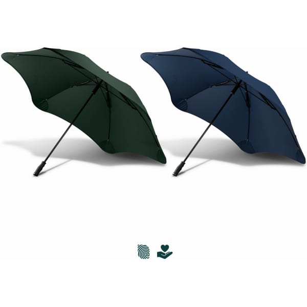 A pair of BLUNT Sport Umbrellas in dark green and navy blue, featuring a sleek design and a visible logo.