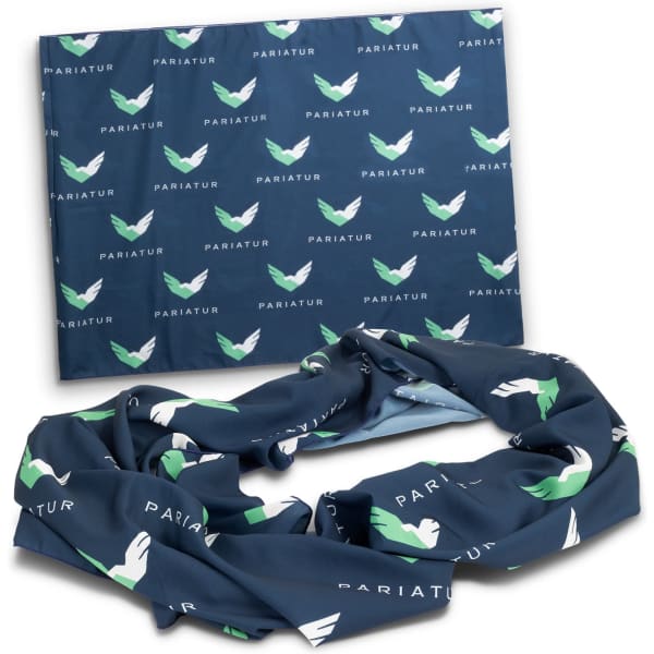 A navy blue infinity scarf featuring white and green birds, accompanied by a matching flat fabric piece, both with a logo.