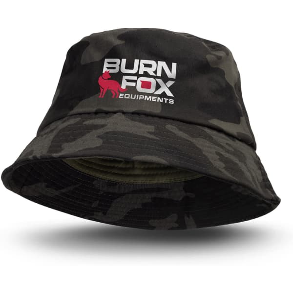 A camouflage bucket hat in shades of green and grey, featuring a logo on the front.