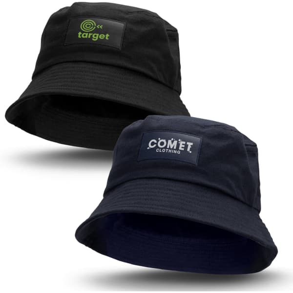 Two black bucket hats featuring patches, one with a logo and the other with a different design.