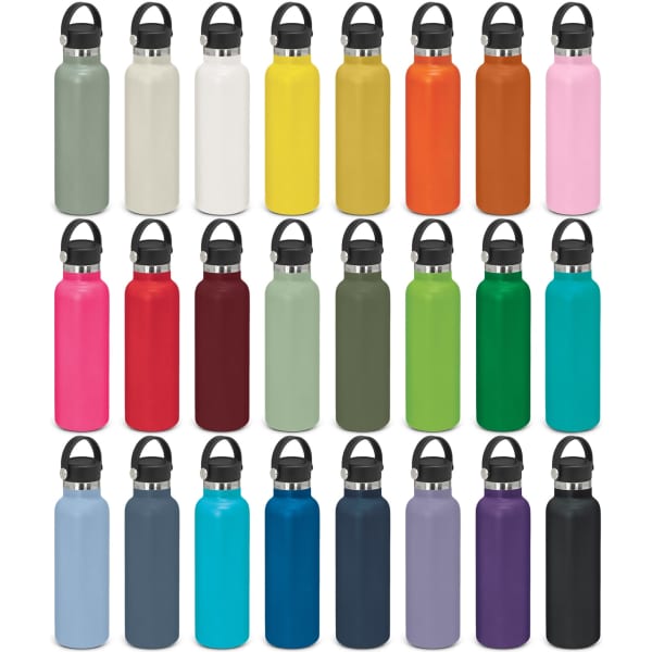 A drink bottle featuring a carry lid, available in various colours including grey, yellow, pink, and blue. Branding is present.