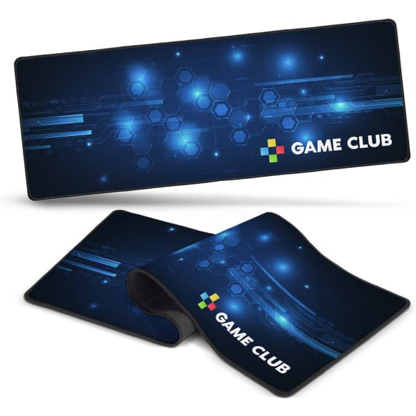 A gaming mat featuring a blue and black design with geometric patterns and a logo. Suitable for office or business use.