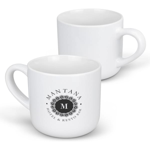 A white coffee mug with a rounded shape and a handle, featuring a logo on one side.