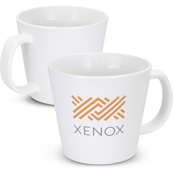 A white coffee mug with a contrasting handle and a logo printed in orange and grey.