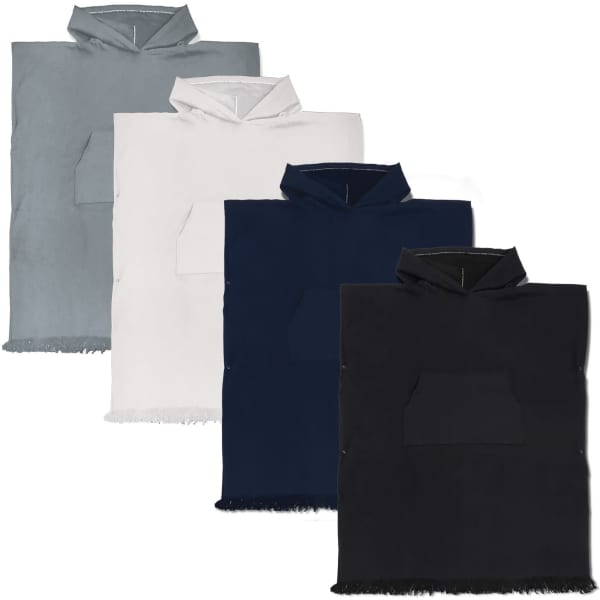A collection of Aruba Hooded Towels in light grey, white, navy, and black with a pocket and fringe detailing.
