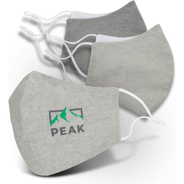 A collection of three linen face masks in shades of grey, featuring adjustable ear loops and a logo on one mask.