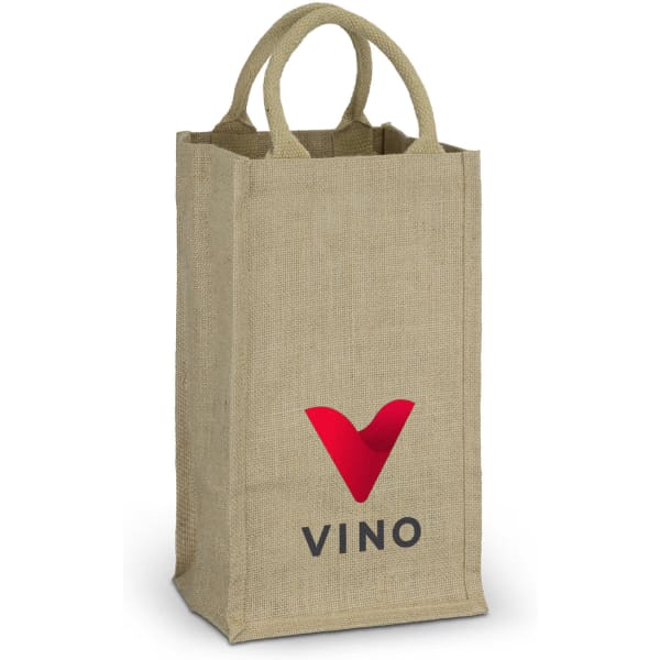 A jute four bottle wine carrier in a natural colour with handles and a logo.