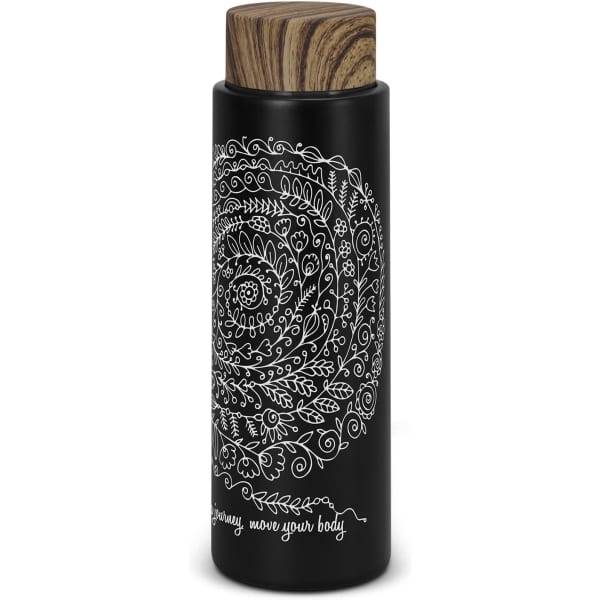 A drink bottle in matte black with a wooden lid, featuring a white floral design and branding.